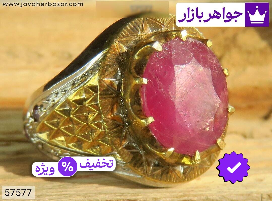 انگشتر نقره برنج یاقوت قرمز طرح اشرافی مردانه