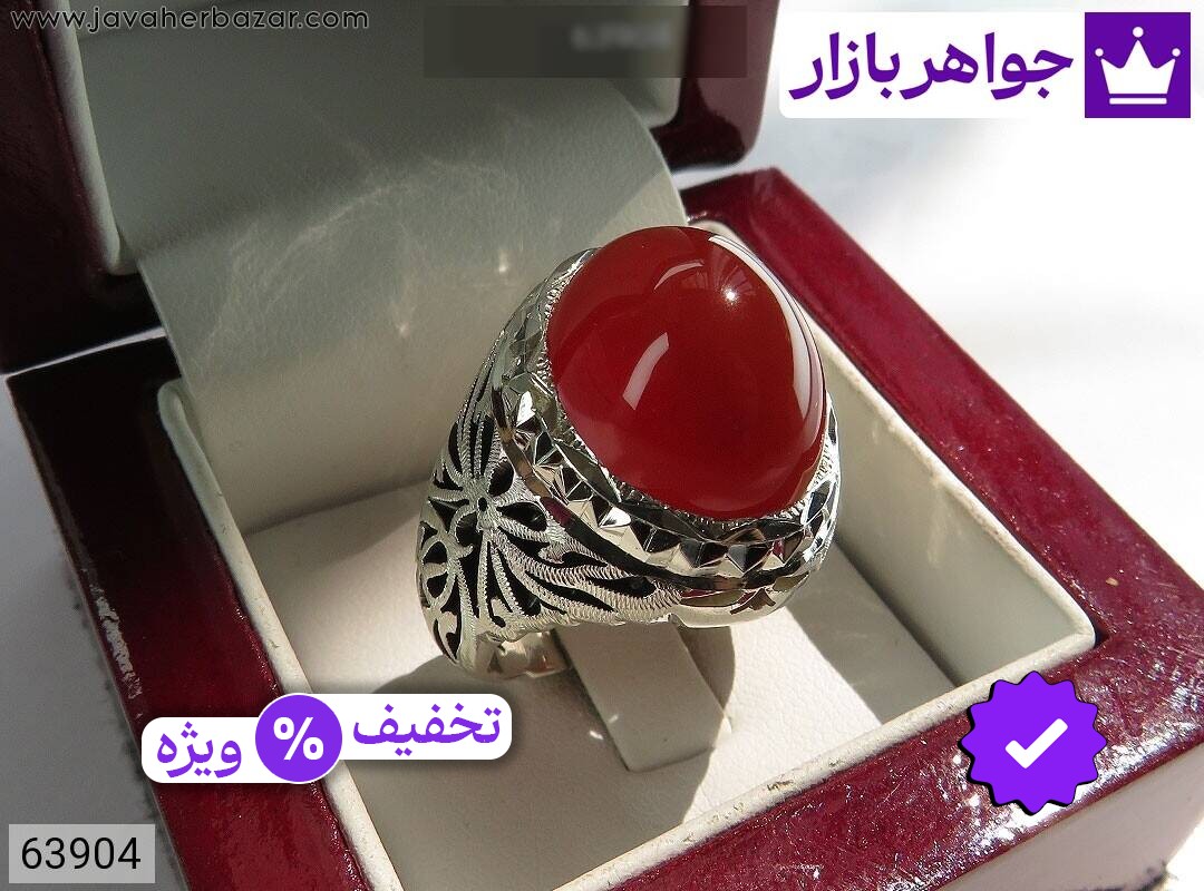 انگشتر نقره عقیق یمنی قرمز لوکس برجسته طرح لامپی مردانه دست ساز