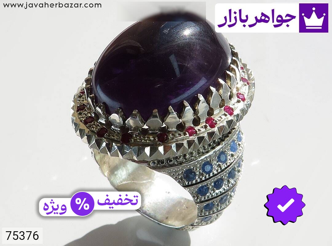 انگشتر نقره آمتیست دامله درشت توپاز آبی قرمز سوپر لوکس مردانه دست ساز