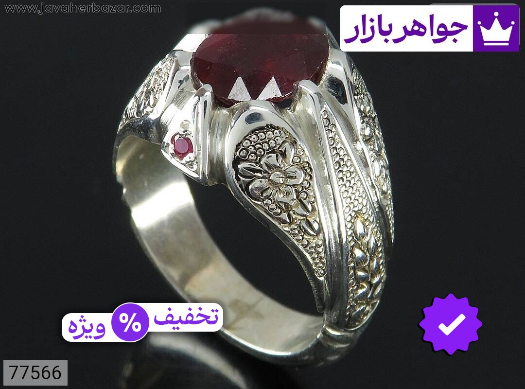 انگشتر نقره یاقوت آفریقایی قرمز قلم زنی با شکوه مردانه