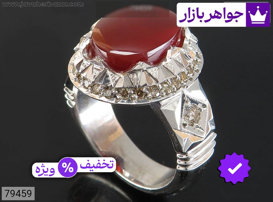 انگشتر نقره عقیق یمنی قرمز با شکوه مردانه دست ساز با برلیان اصل