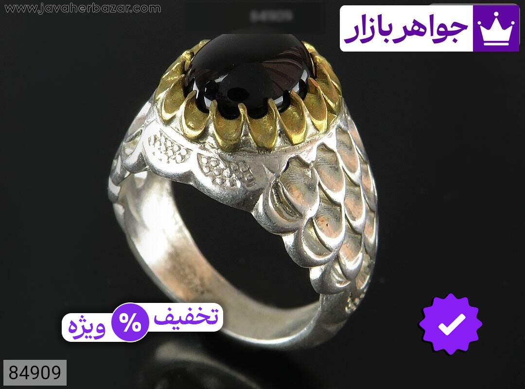 انگشتر عقیق سیاه مردانه تاج برنجی انگشتر نقره عقیق سیاه مردانه تاج برنجی