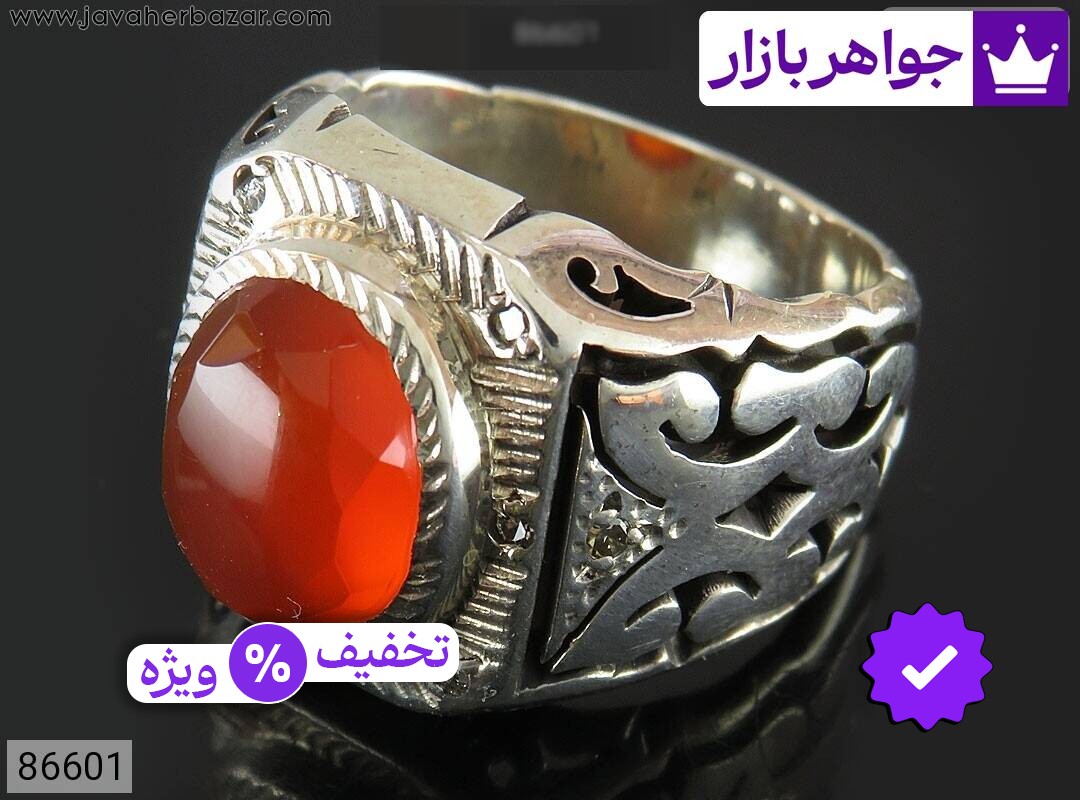 انگشتر نقره عقیق یمنی قرمز بی نظیر مردانه دست ساز با برلیان اصل