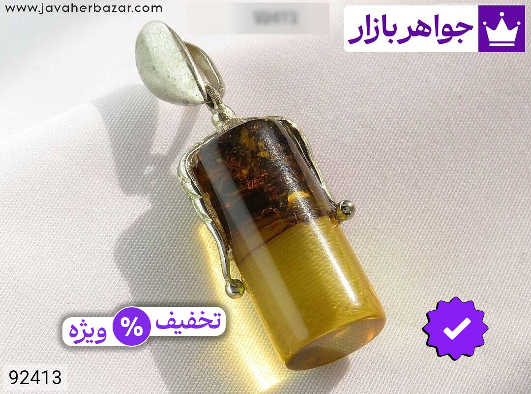 مدال کهربا بولونی لهستان زنانه گردنبند نقره کهربا بولونی لهستان طرح استوانه زنانه