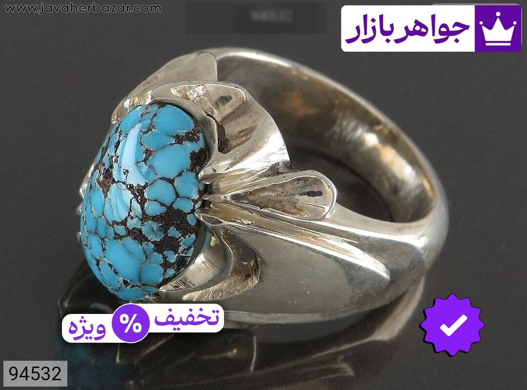 انگشتر نقره فیروزه نیشابوری شجر ی فاخر مردانه دست ساز