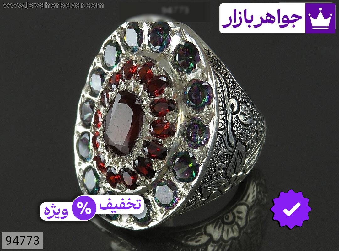 انگشتر نقره توپاز هفت رنگ سنتاتیک و گارنت فاخر مردانه