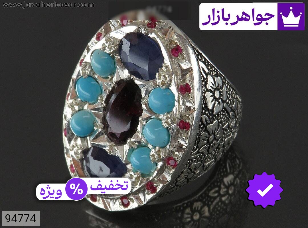 انگشتر نقره فیروزه نیشابوری عجمی و یاقوت آفریقایی و گارنت طرح سلطان مردانه
