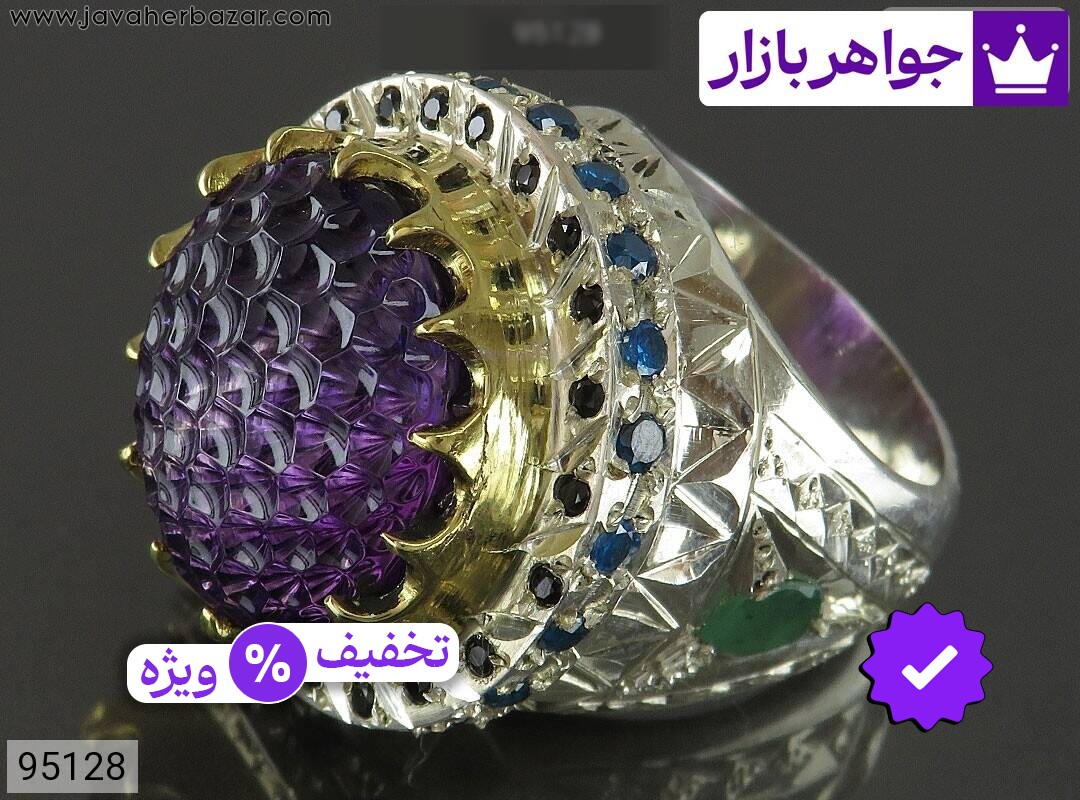 انگشتر نقره یاقوت آفریقایی و زمرد زامبیا و آمتیست کلکسیونی درشت تراش زنبوری مردانه دست ساز