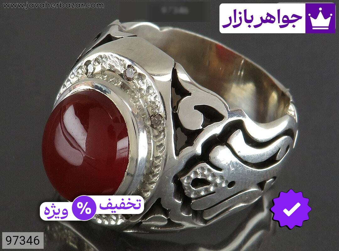 انگشتر نقره عقیق یمنی فاخر مردانه دست ساز با برلیان اصل