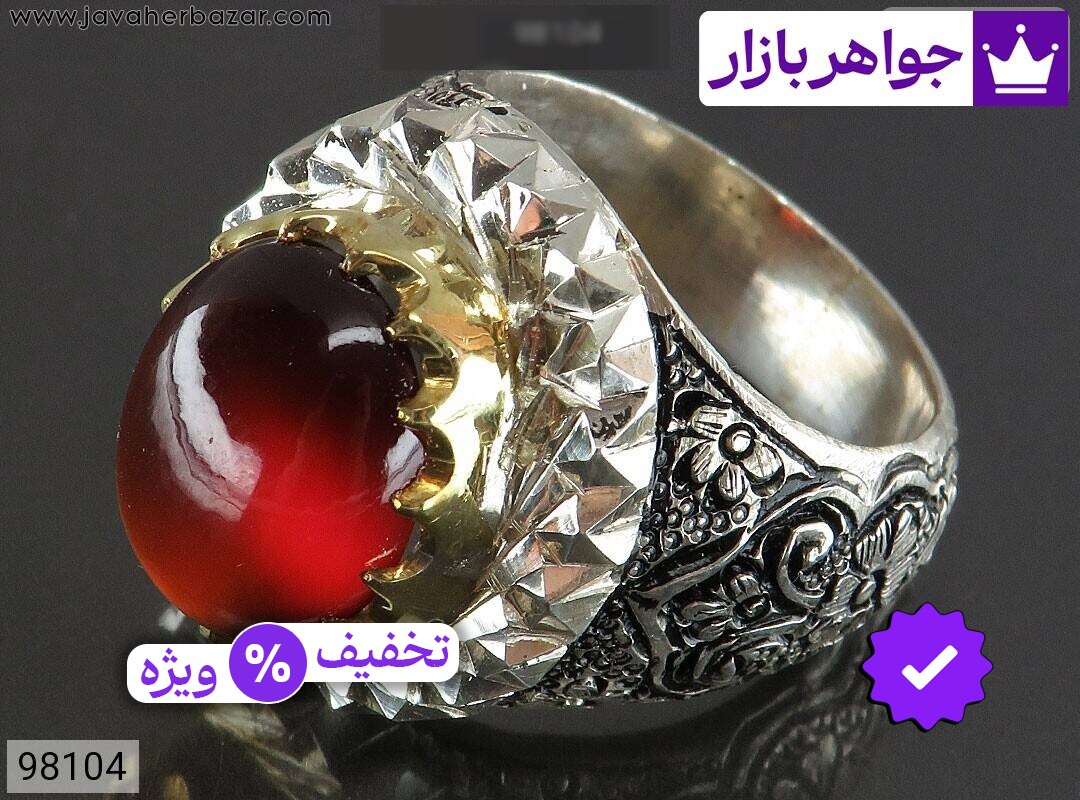 انگشتر نقره گارنت دامله فاخر مردانه دست ساز تاج برنجی